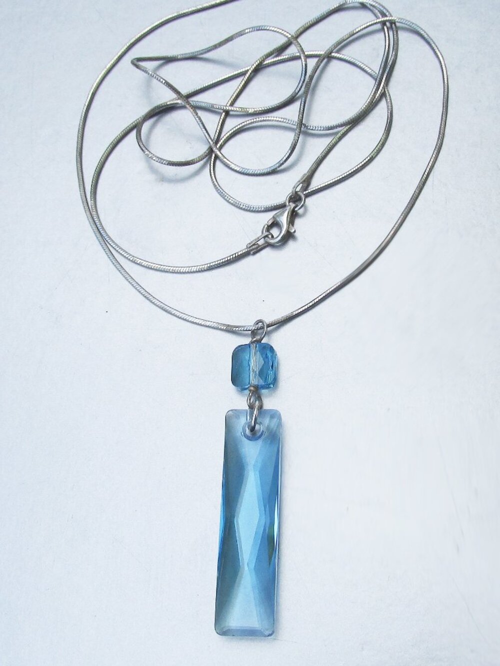 Sterling Silver Vintage Long Faceted Blue Crystal Pendant 30" Necklace